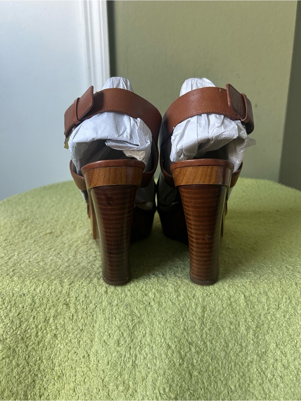 Michael Kors Cognac Leather Platform Wedge Sandals with Gold Buckle - Picture 8 of 11